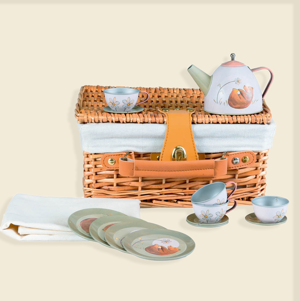 TIN TEA SET FOREST IN A WICKER BASKET