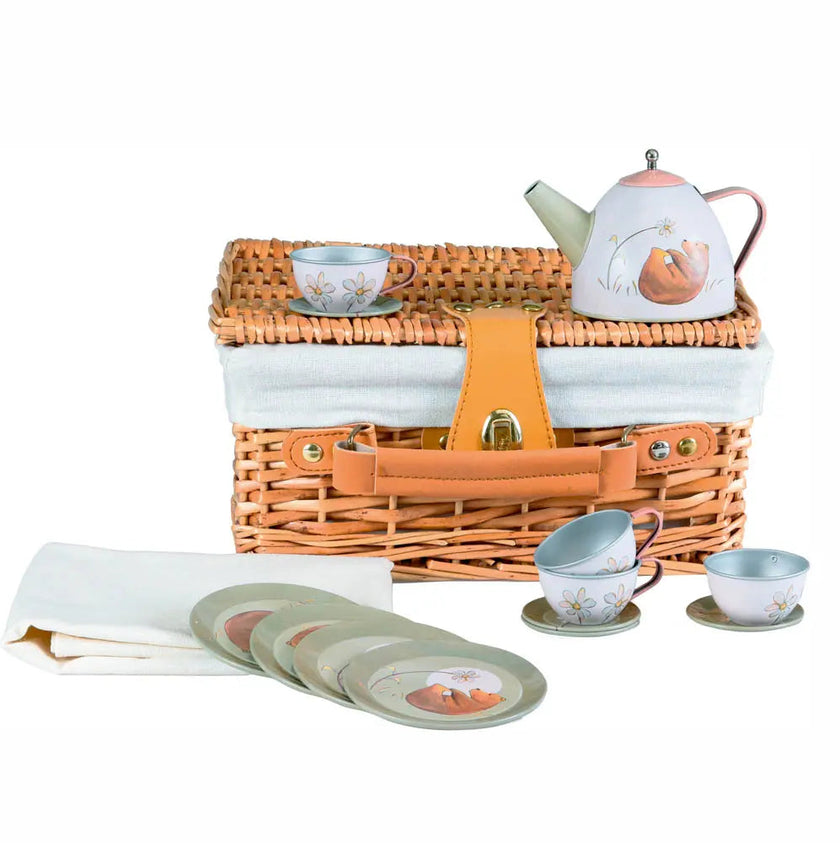 TIN TEA SET FOREST IN A WICKER BASKET