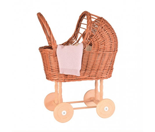 WICKER PRAM WITH KNITTED BLANKET